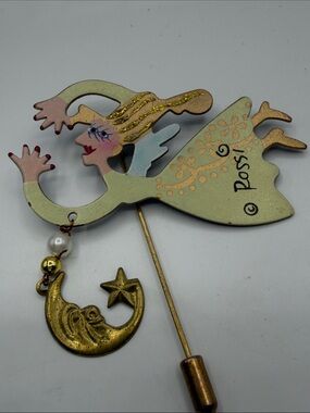 Karen Rossi Signed Whimsical Fairy stick Pin Moon Star Charm Dangle VTG